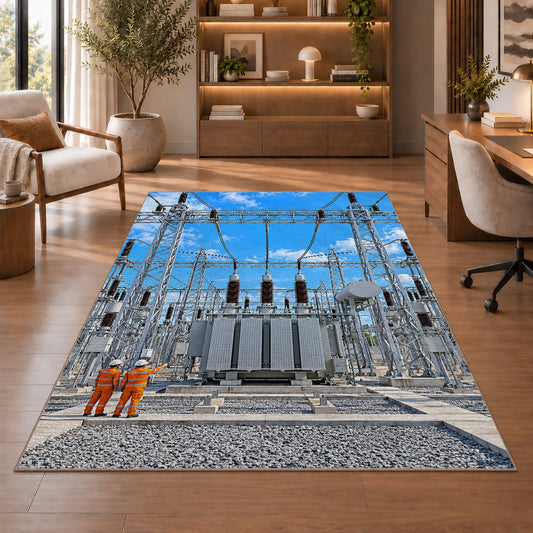 electrical substation rug in a home office with wooden shelves