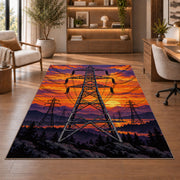 high voltage tower sunset rug in a home office with wooden shelves