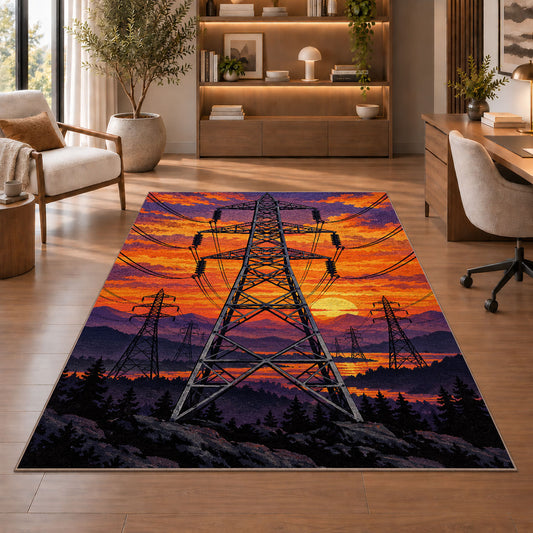 high voltage tower sunset rug in a home office with wooden shelves