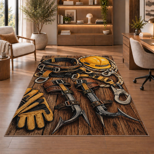 lineman climbing gear rug in a home office with wooden shelves