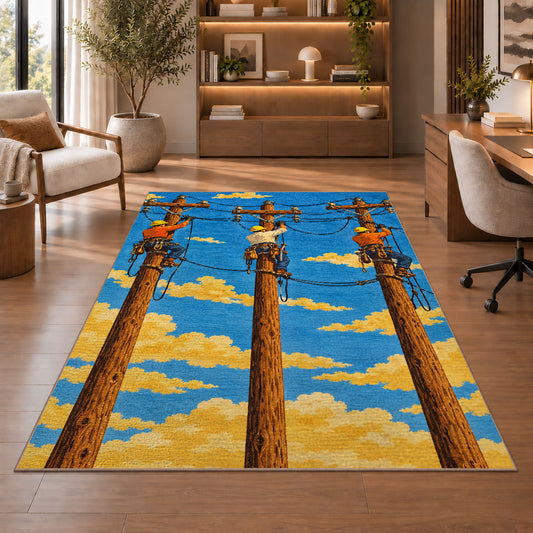 linemen crew on poles rug in a home office with wooden shelves