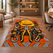 safety orange lineman rug in a home office with wooden shelves