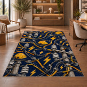 power lines and lightning pattern rug in a home office with wooden shelves