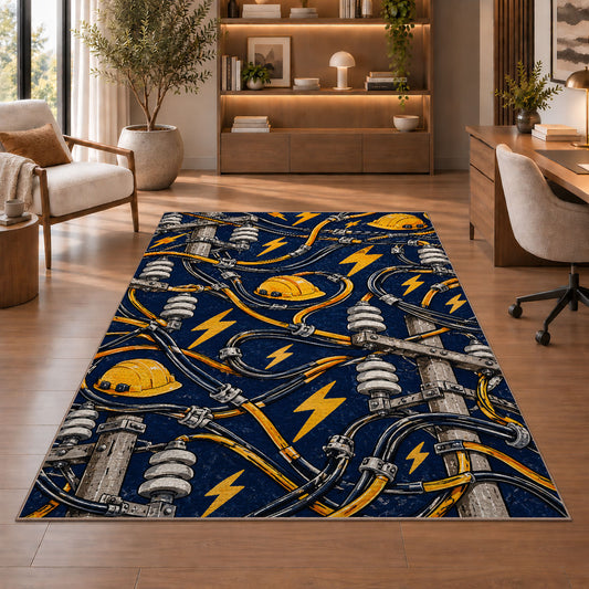 power lines and lightning pattern rug in a home office with wooden shelves