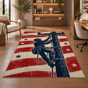 patriotic lineman silhouette rug in a home office with wooden shelves