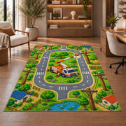 kids lineman road play rug in a home office with wooden shelves