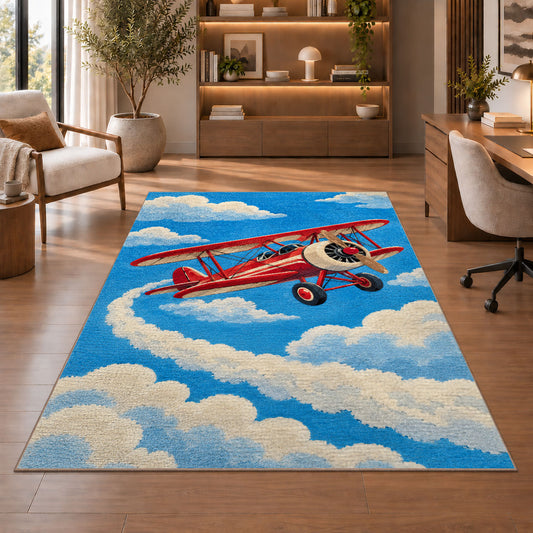Vintage Biplane Rug in a home office with wooden shelves