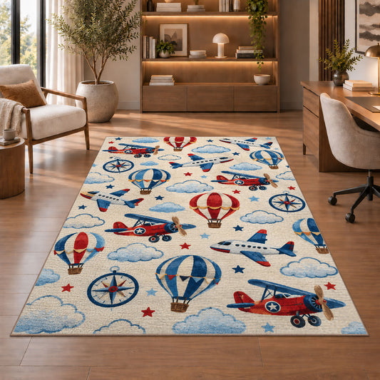 Airplane Pattern Rug in a home office with wooden shelves