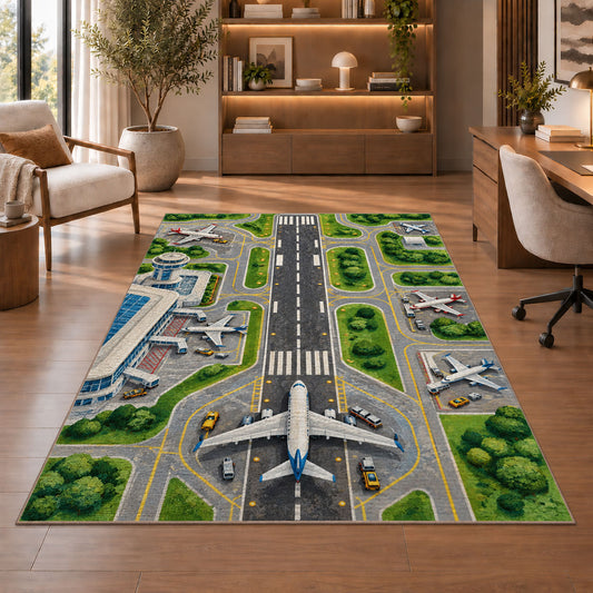 Airport Runway Rug in a home office with wooden shelves