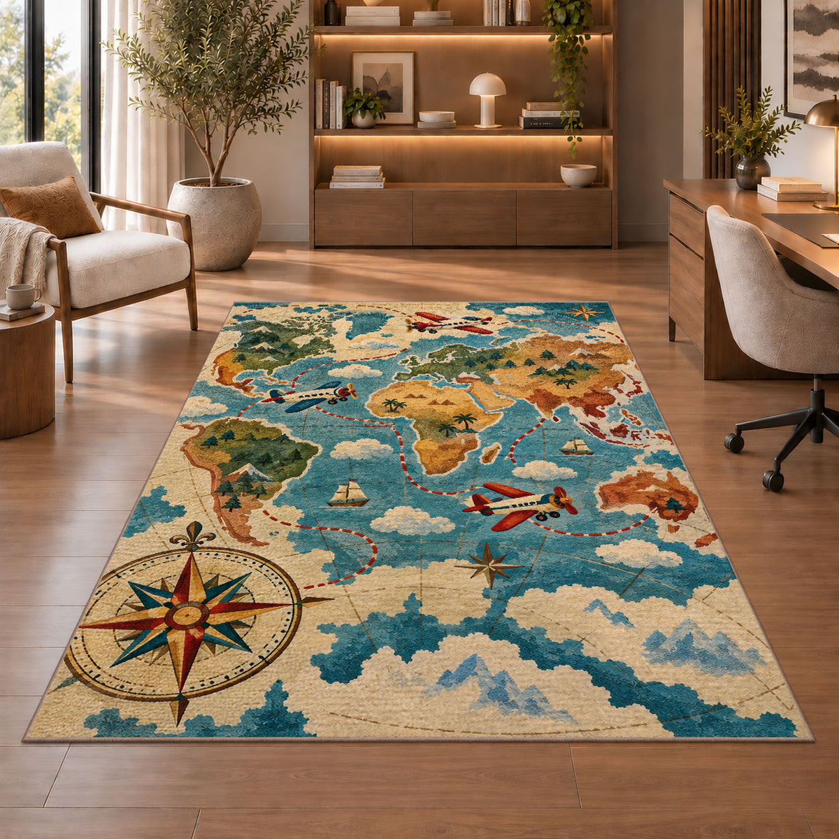 Vintage World Map Rug in a home office with wooden shelves