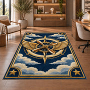 Pilot Wings Rug in a home office with wooden shelves
