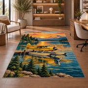 Seaplane Lake Rug in a home office with wooden shelves