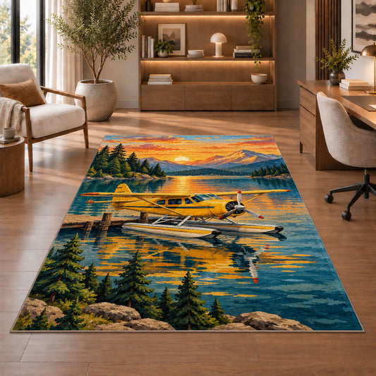 Seaplane Lake Rug in a home office with wooden shelves