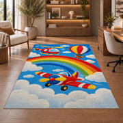 Rainbow Airplane Rug in a home office with wooden shelves