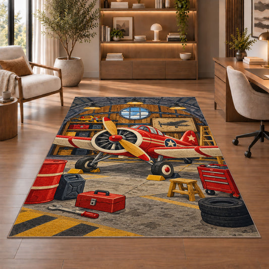 Vintage Airplane Hangar Rug in a home office with wooden shelves