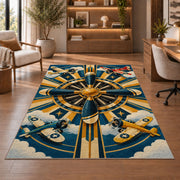 Art Deco Propeller Rug in a home office with wooden shelves
