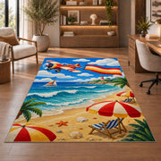 Beach Airplane Banner Rug in a home office with wooden shelves