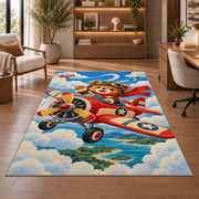 Teddy Bear Pilot Rug in a home office with wooden shelves