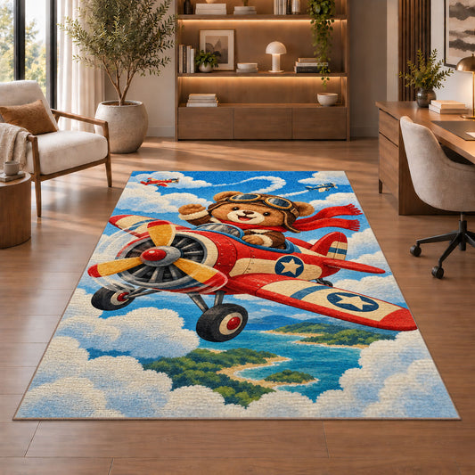 Teddy Bear Pilot Rug in a home office with wooden shelves