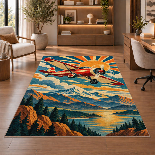 Retro Aviation Poster Rug in a home office with wooden shelves