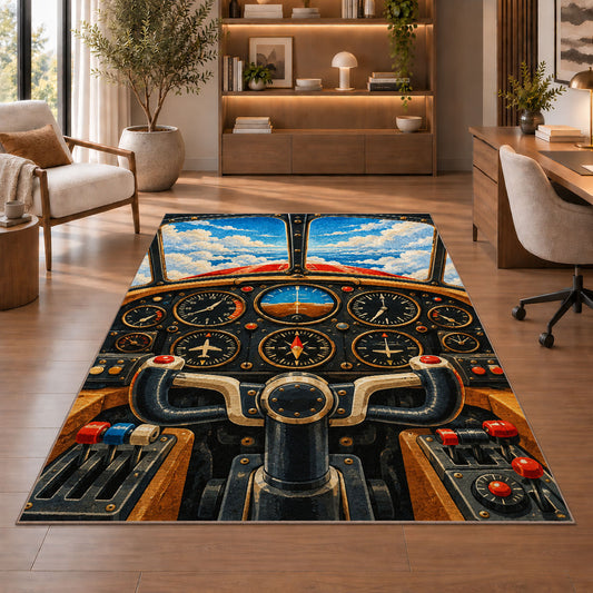 Airplane Cockpit Rug in a home office with wooden shelves