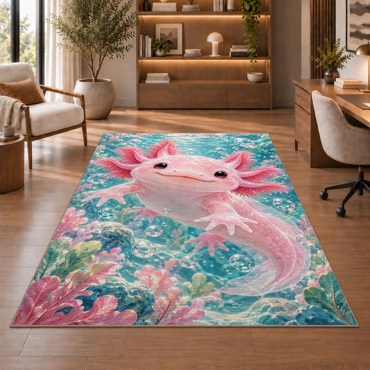Cute Pink Axolotl Rug in a home office with wooden shelves