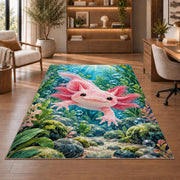 Axolotl Lake Rug in a home office with wooden shelves