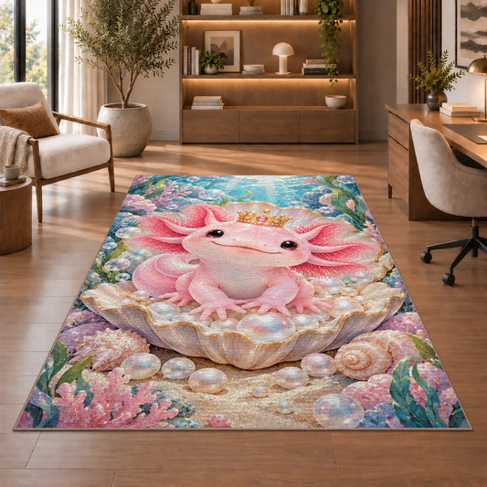 Axolotl Princess Rug in a home office with wooden shelves