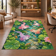 Axolotl Pond Rug in a home office with wooden shelves