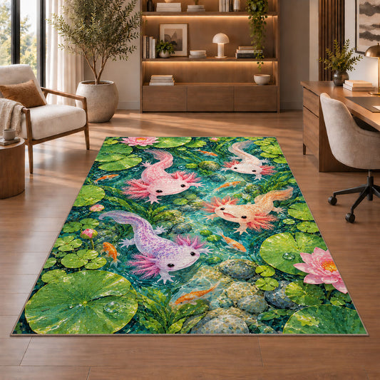 Axolotl Pond Rug in a home office with wooden shelves