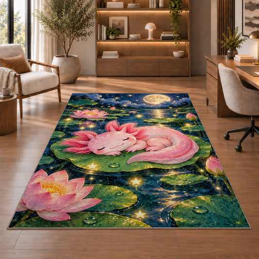 Sleeping Axolotl Rug in a home office with wooden shelves