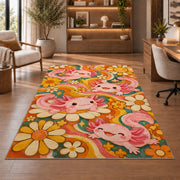 Retro Groovy Axolotl Rug in a home office with wooden shelves