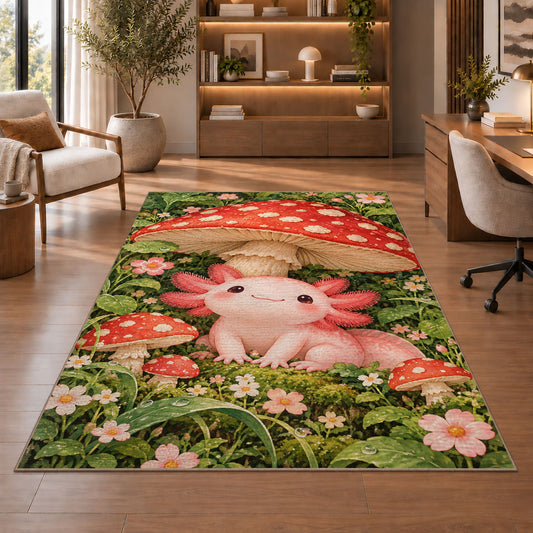 Axolotl Mushroom Rug in a home office with wooden shelves