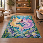 Axolotl Love Rug in a home office with wooden shelves