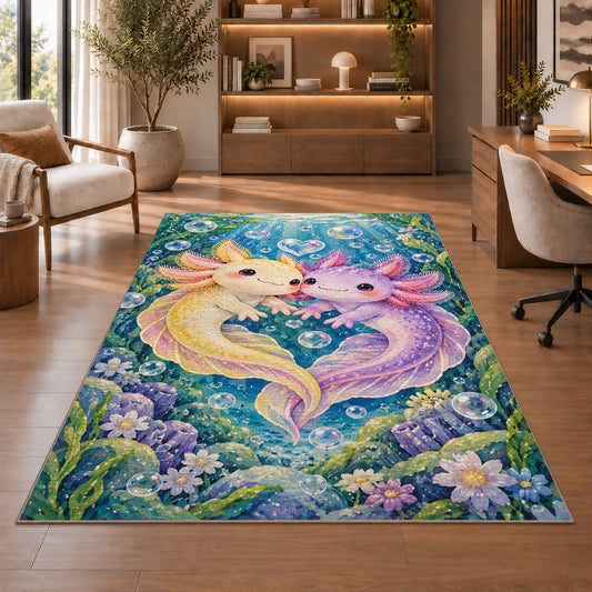 Axolotl Love Rug in a home office with wooden shelves