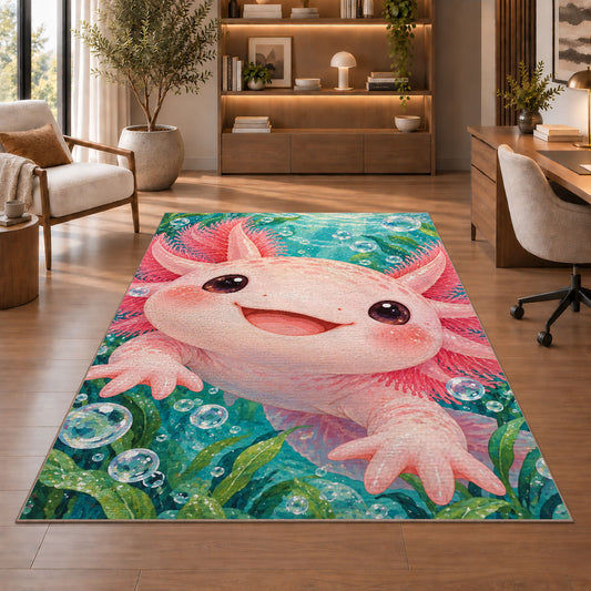 Big Axolotl Face Rug in a home office with wooden shelves