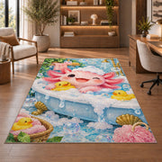 Axolotl Bubble Bath Rug in a home office with wooden shelves