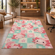 Pastel Checkered Axolotl Rug in a home office with wooden shelves