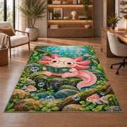 Axolotl Reading Book Rug in a home office with wooden shelves