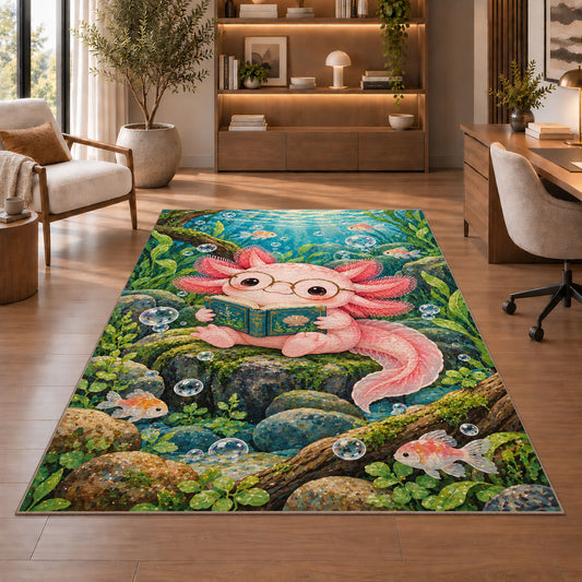 Axolotl Reading Book Rug in a home office with wooden shelves
