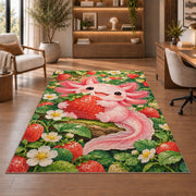 Axolotl Strawberry Rug in a home office with wooden shelves