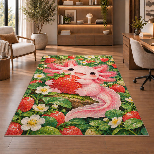 Axolotl Strawberry Rug in a home office with wooden shelves