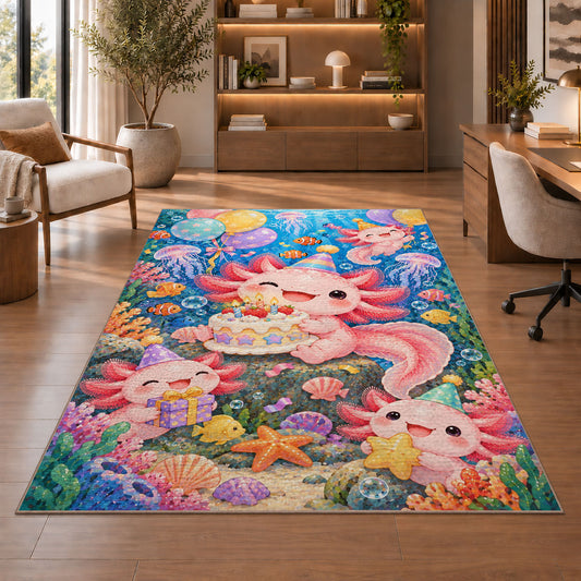 Axolotl Birthday Party Rug in a home office with wooden shelves
