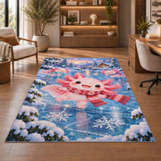 Winter Axolotl Rug in a home office with wooden shelves