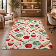 Baking tools pattern rug in a home office with wooden shelves