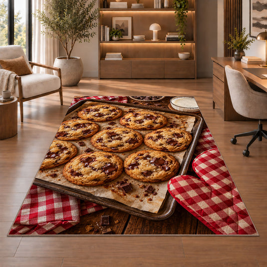 Chocolate chip cookie tray rug in a home office with wooden shelves