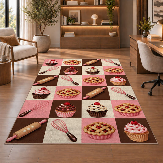 Checkered bakery icons rug in a home office with wooden shelves