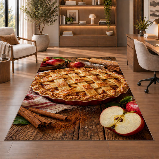 Apple pie rug in a home office with wooden shelves