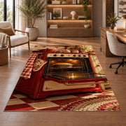 Vintage red oven rug in a home office with wooden shelves