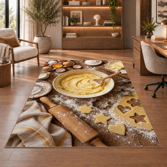Baking flat lay rug in a home office with wooden shelves